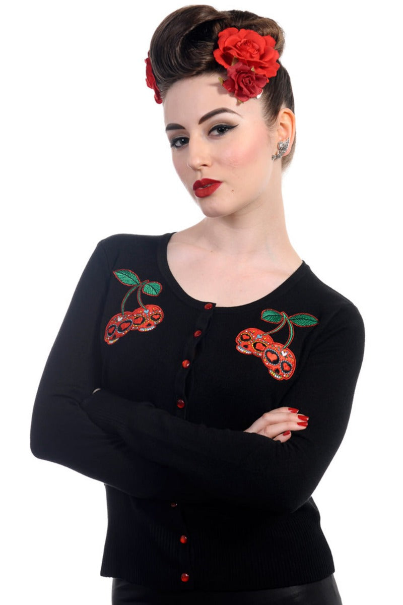 Banned Retro 1950's Cherry Skulls Rockabilly Gina Vintage Cardigan Black