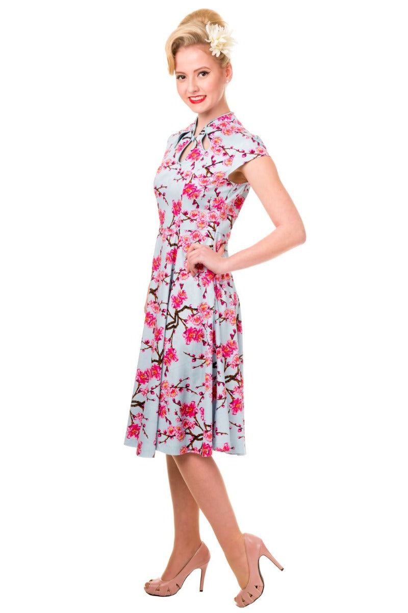 Banned Retro 1950's Last Dance Cherry Blossom Mandarin Collar Keyhole Vintage Daisy Fit & Flare Dress Blue