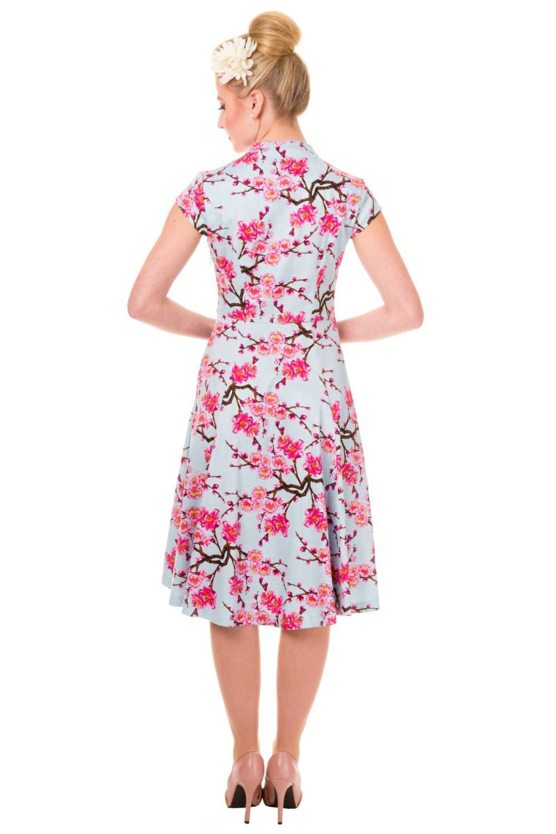 Banned Retro 1950's Last Dance Cherry Blossom Mandarin Collar Keyhole Vintage Daisy Fit & Flare Dress Blue