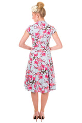 Banned Retro 1950's Last Dance Cherry Blossom Mandarin Collar Keyhole Vintage Daisy Fit & Flare Dress Blue