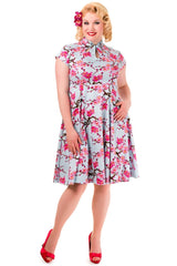 Banned Retro 1950's Last Dance Cherry Blossom Mandarin Collar Keyhole Vintage Daisy Fit & Flare Dress Blue