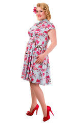 Banned Retro 1950's Last Dance Cherry Blossom Mandarin Collar Keyhole Vintage Daisy Fit & Flare Dress Blue