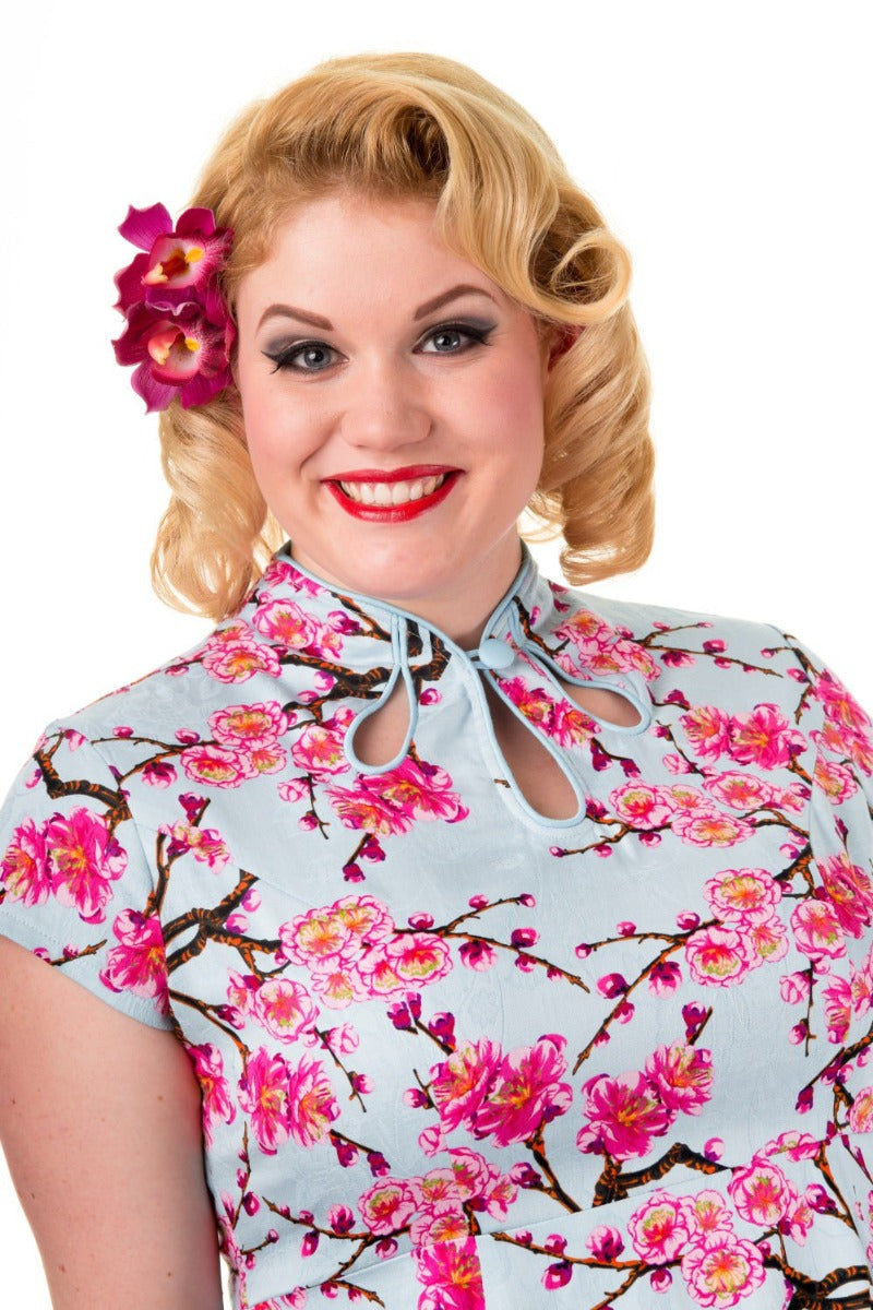 Banned Retro 1950's Last Dance Cherry Blossom Mandarin Collar Keyhole Vintage Daisy Fit & Flare Dress Blue