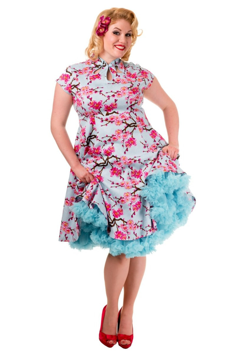 Banned Retro 1950's Last Dance Cherry Blossom Mandarin Collar Keyhole Vintage Daisy Fit & Flare Dress Blue