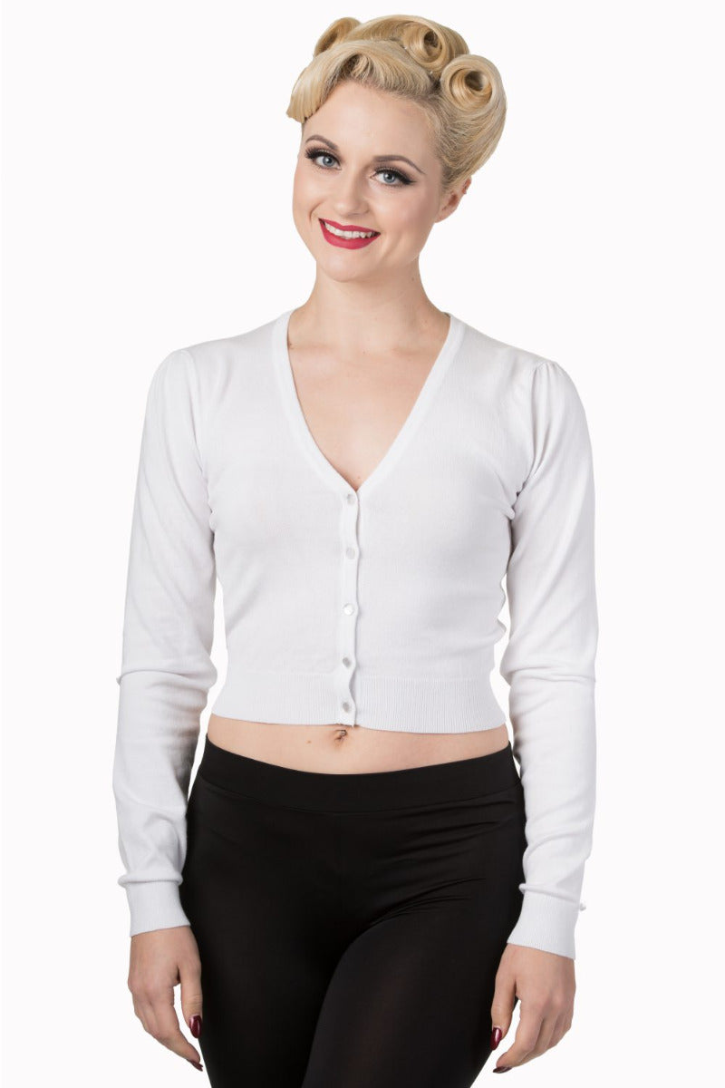 Banned Retro 1950's Little Luxury Cropped V-Neck Vintage Cardigan White