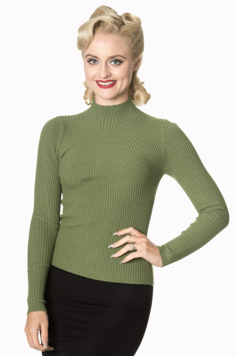 Banned Retro Let's Tango Polo Neck Ribbed Vintage Knit Top Olive