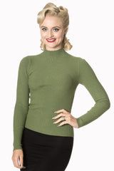 Banned Retro Let's Tango Polo Neck Ribbed Vintage Knit Top Olive