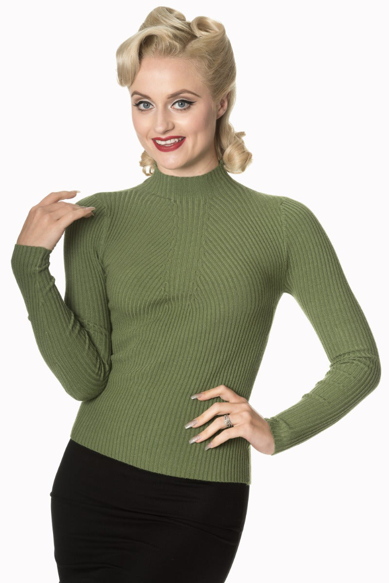 Banned Retro Let's Tango Polo Neck Ribbed Vintage Knit Top Olive