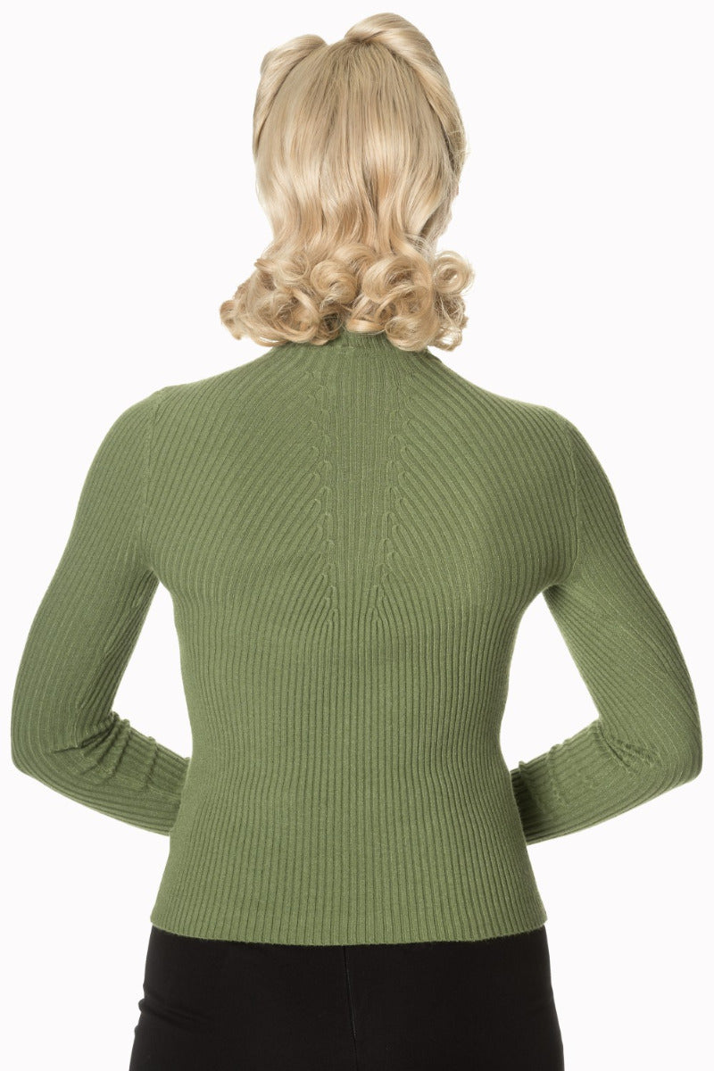 Banned Retro Let's Tango Polo Neck Ribbed Vintage Knit Top Olive