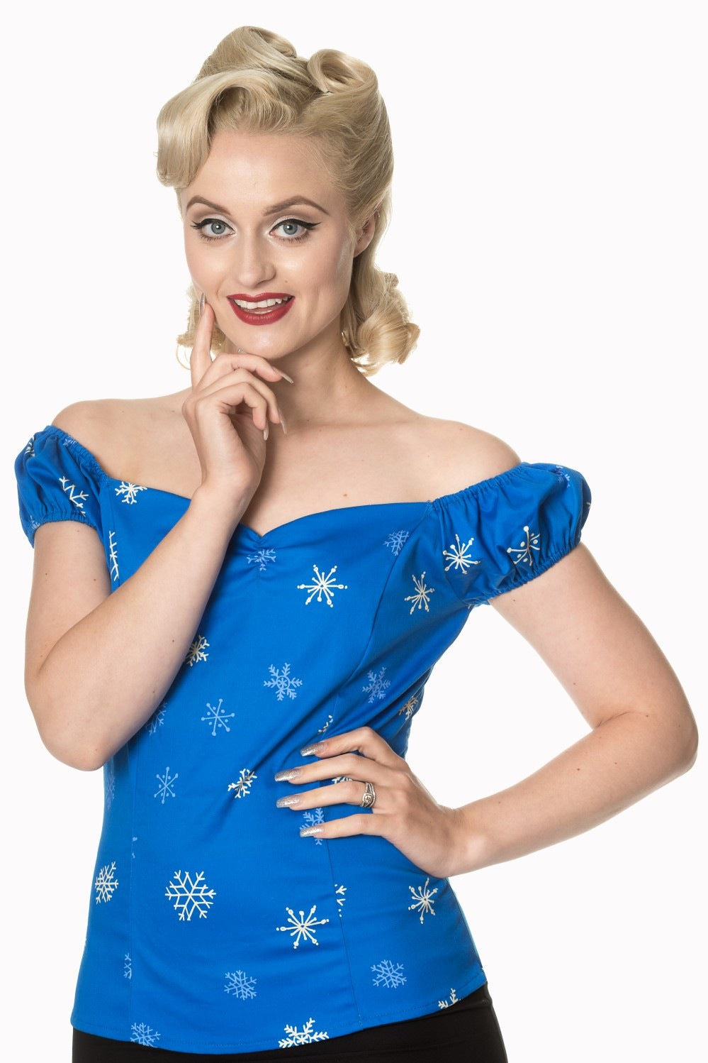 Banned Retro Vintage Romance Lives Snowflake Off Shoulder Top Blue