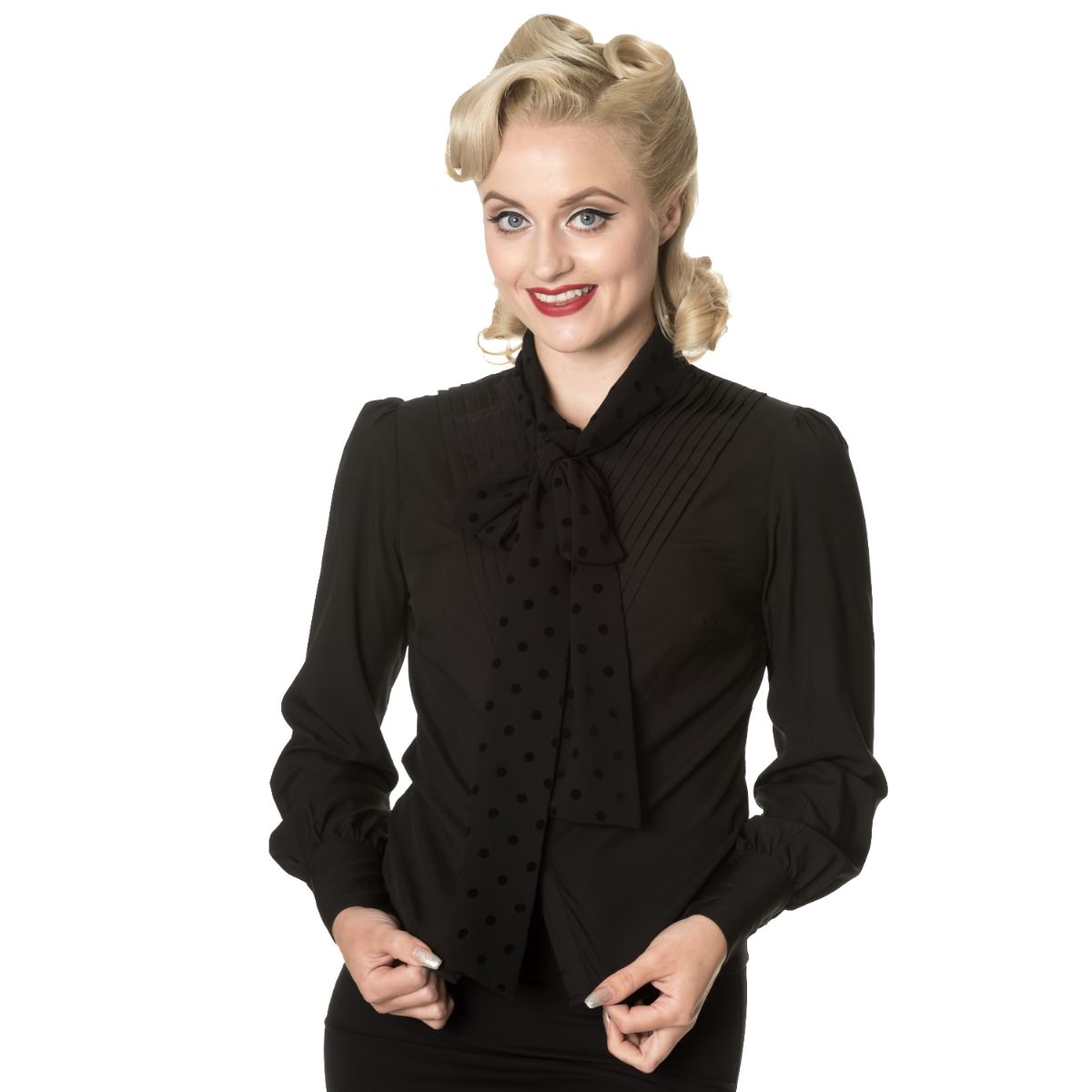 Banned Retro Sent With Love Polka Dot Tie Neck Blouse Black