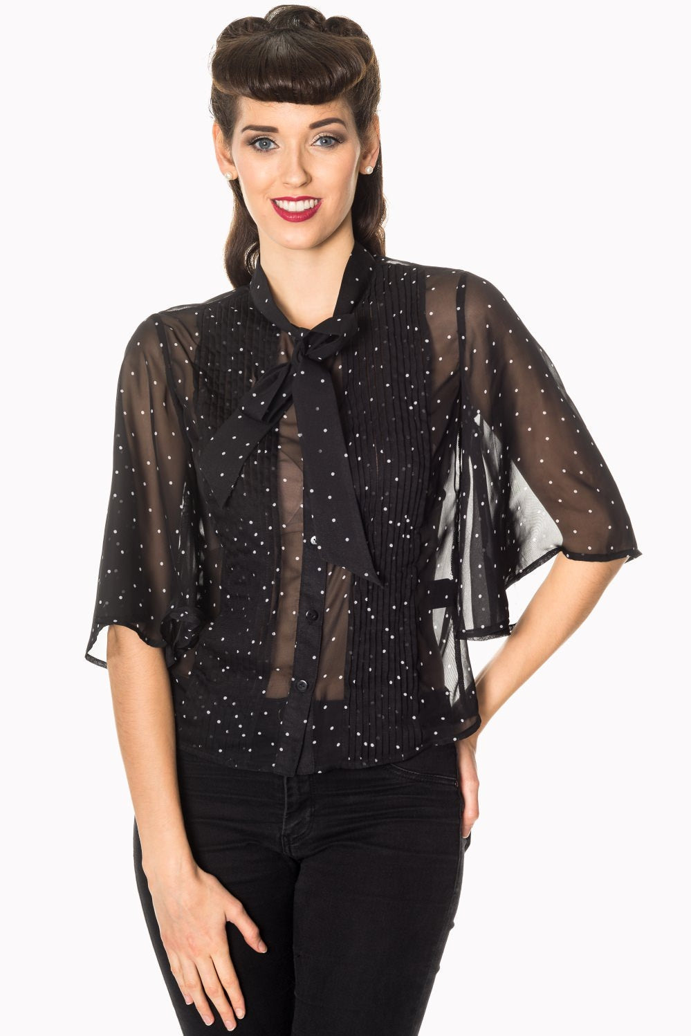 Banned Retro Storyteller Spot Flare Sleeve Blouse Black