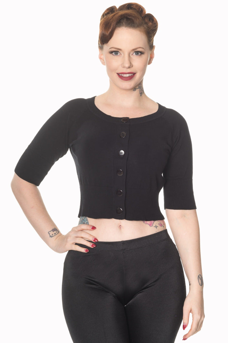 Banned Retro 1950's Raven Round Neck Cropped Vintage Cardigan Black