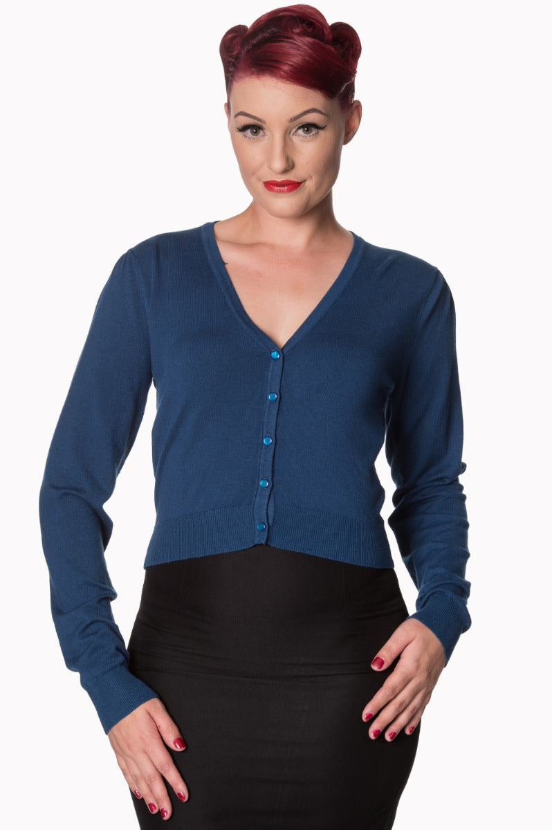 Banned Retro 1950's Little Luxury Cropped V-Neck Vintage Cardigan Teal