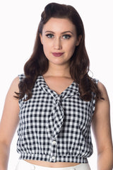 Banned Retro 1950's Summer Breeze Gingham Check Tie Up Crop Blouse Black & White