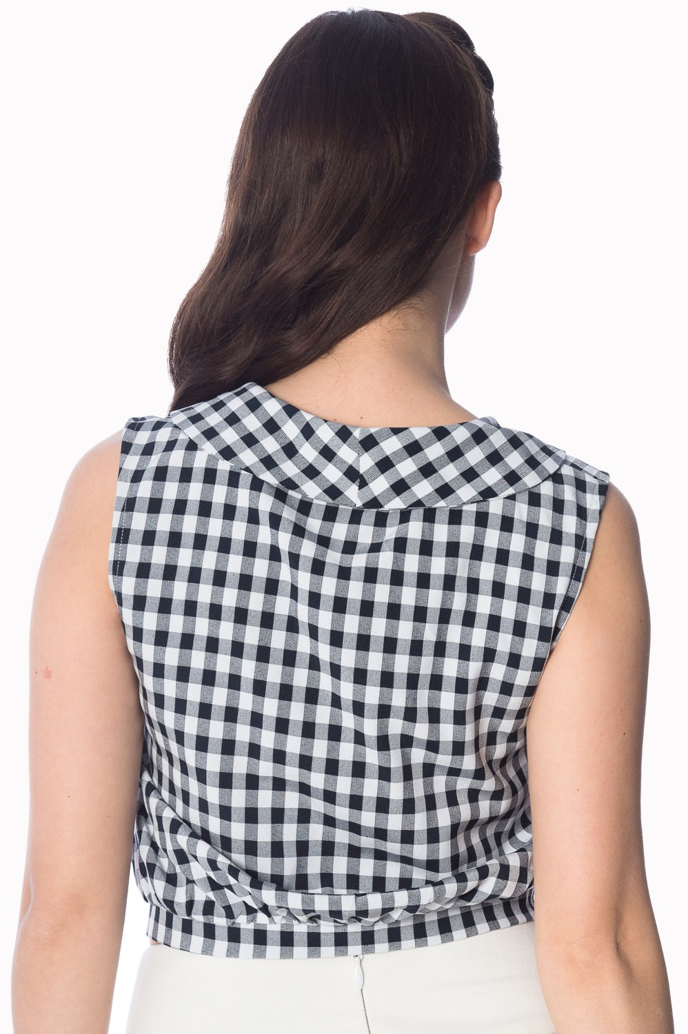 Banned Retro 1950's Summer Breeze Gingham Check Tie Up Crop Blouse Black & White