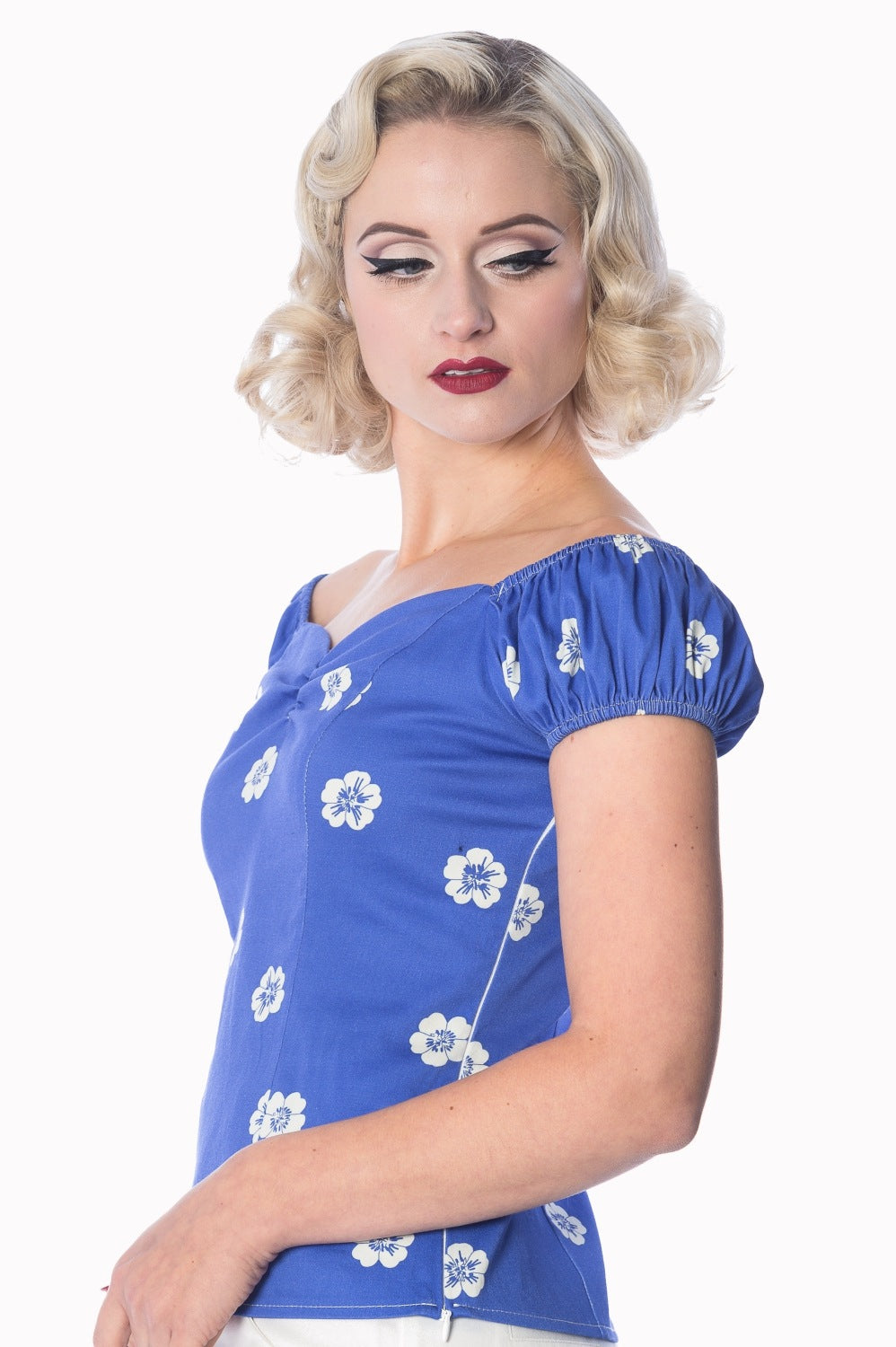 Banned Retro 1950's Tutti Fruity Flower Floral Off Shoulder Top Blue