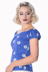Banned Retro 1950's Tutti Fruity Flower Floral Off Shoulder Top Blue