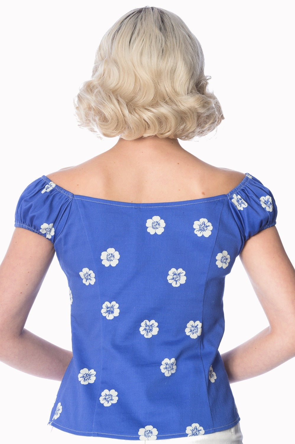 Banned Retro 1950's Tutti Fruity Flower Floral Off Shoulder Top Blue
