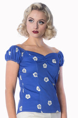 Banned Retro 1950's Tutti Fruity Flower Floral Off Shoulder Top Blue
