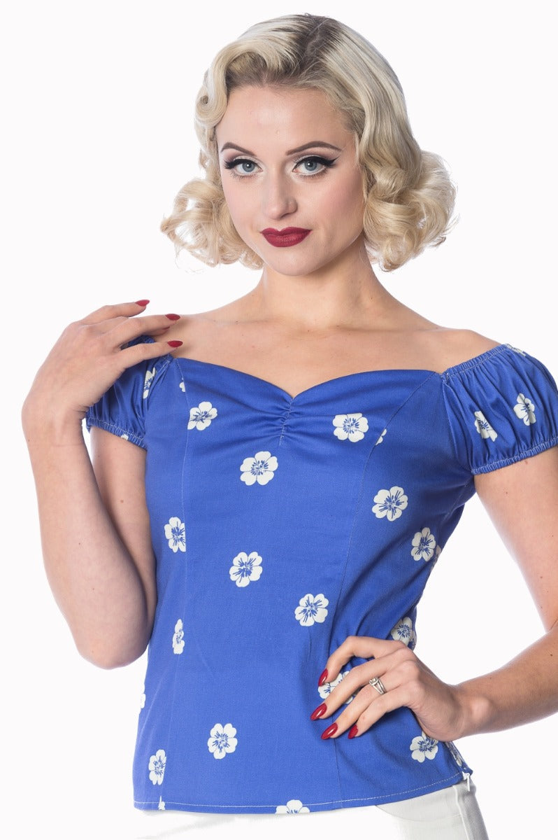 Banned Retro 1950's Tutti Fruity Flower Floral Off Shoulder Top Blue