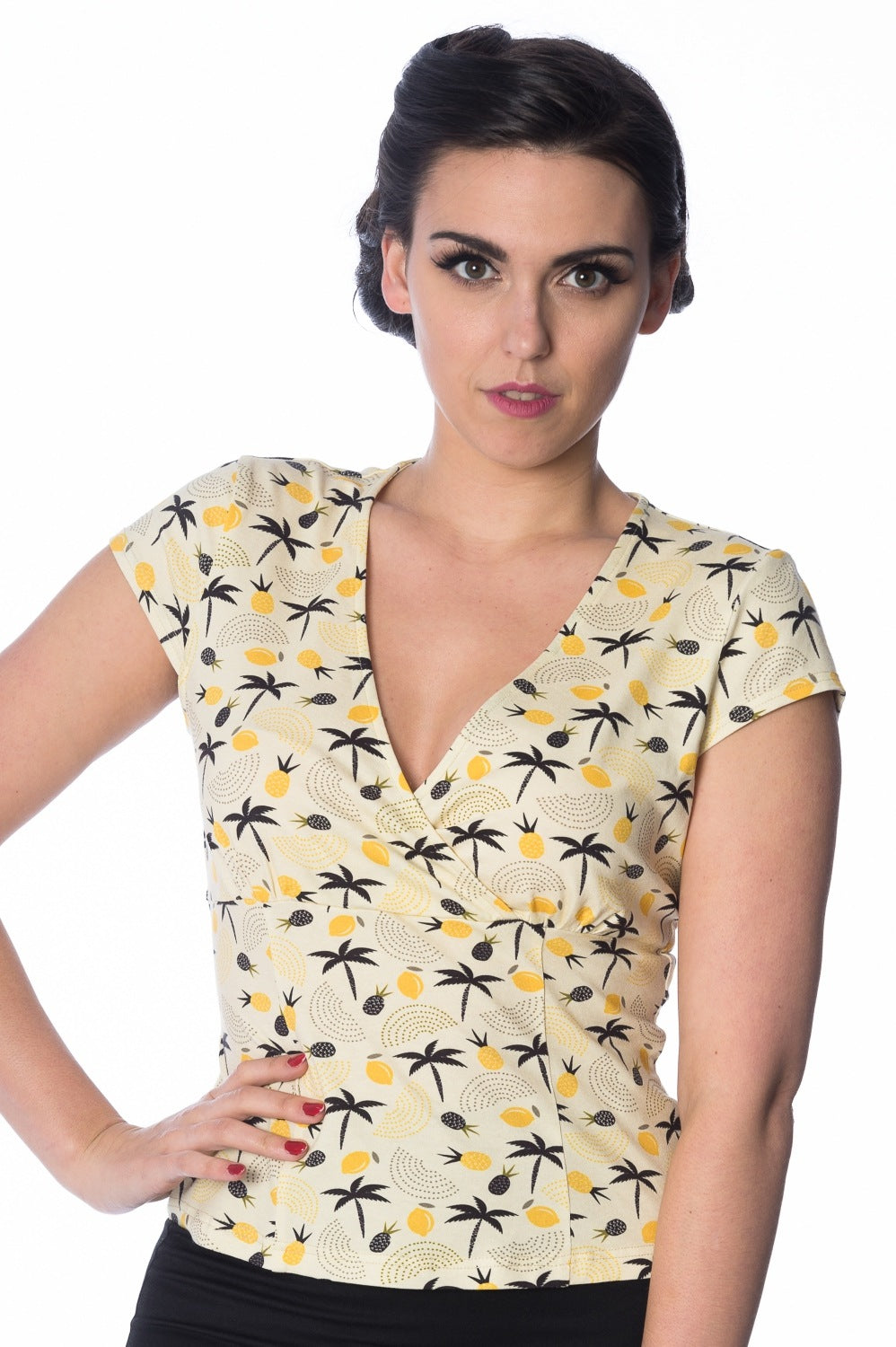 Banned Retro Palm Shade Pineapple Vintage Wrap Top Cream Yellow