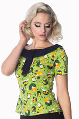 Banned Retro 20's Vintage Hat Art Deco Print Top Green