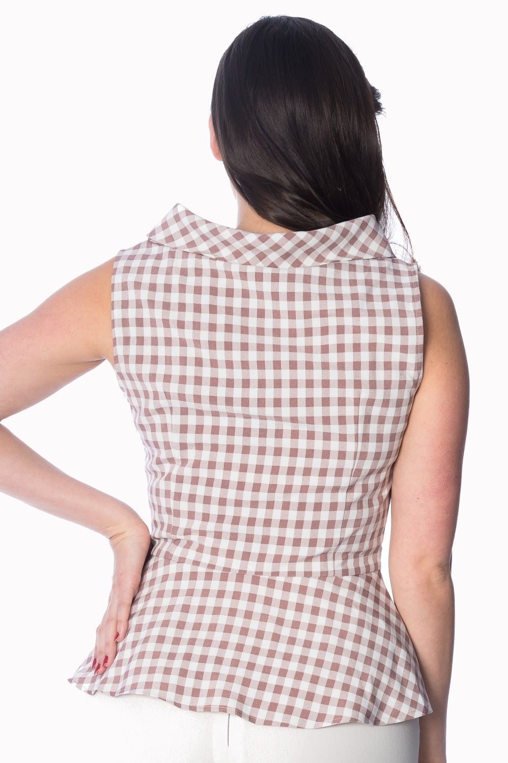 Banned Retro 60's Summer Breeze Gingham Check Cowl Neck Peplum Top Pink