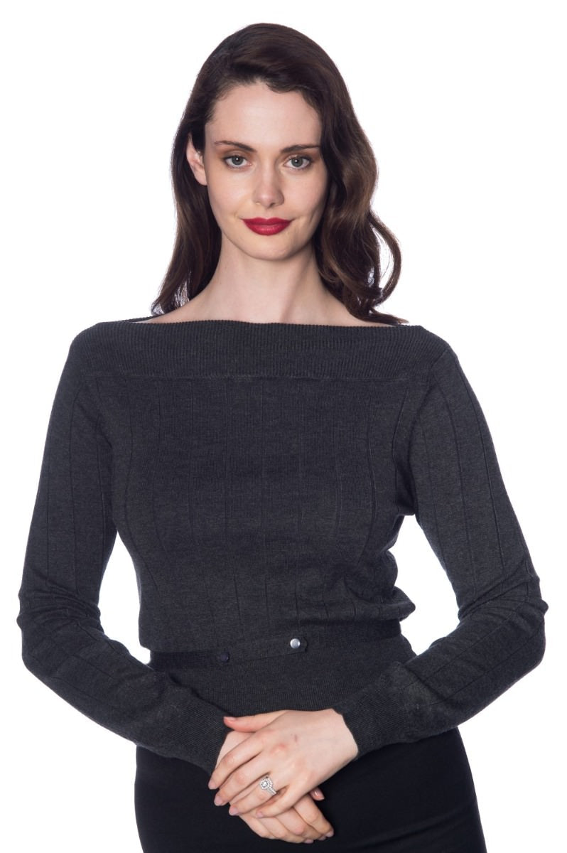 Banned Retro 1950's Violetta Knitted Ribbed Vintage Top Grey