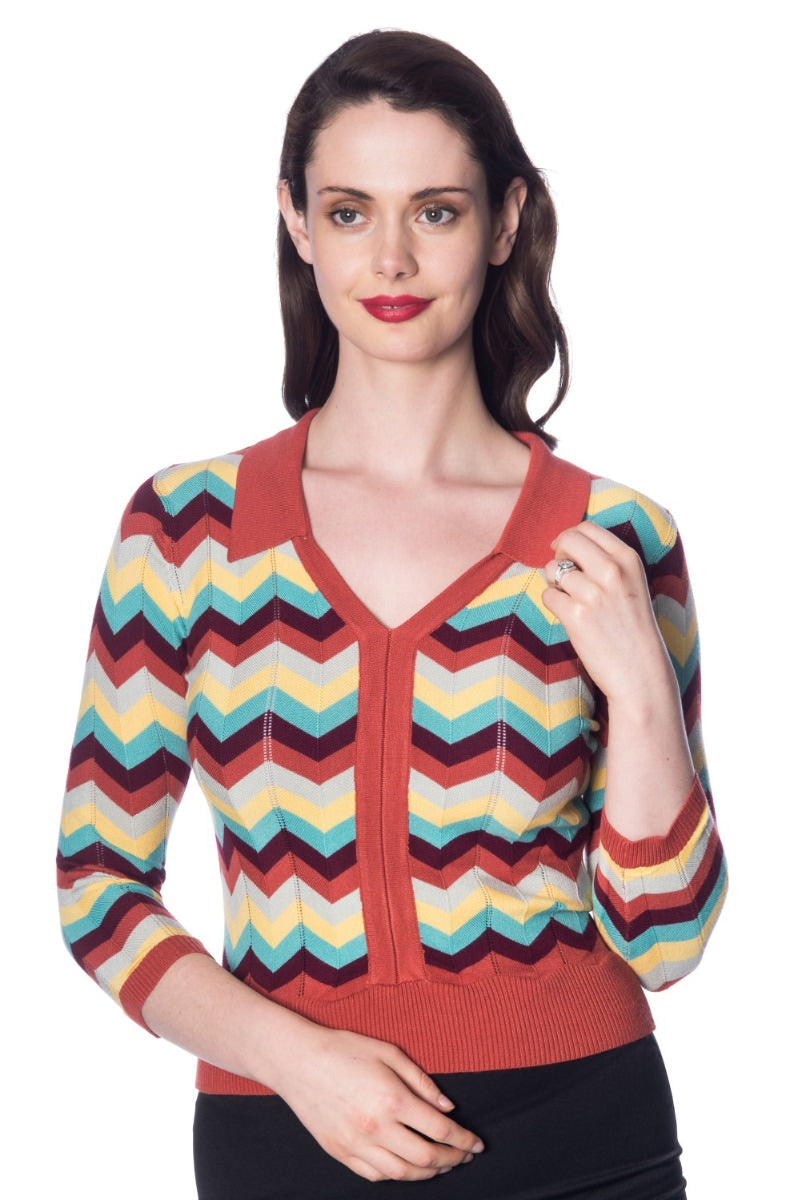 Banned Retro 70's Zoe Zig Zag Winged Collar Knit Vintage Top Earth Aqua