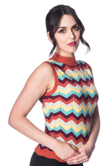Banned Retro 70's Zadia Zig Zag Sleeveless High Neck Knit Vintage Top Earth Aqua