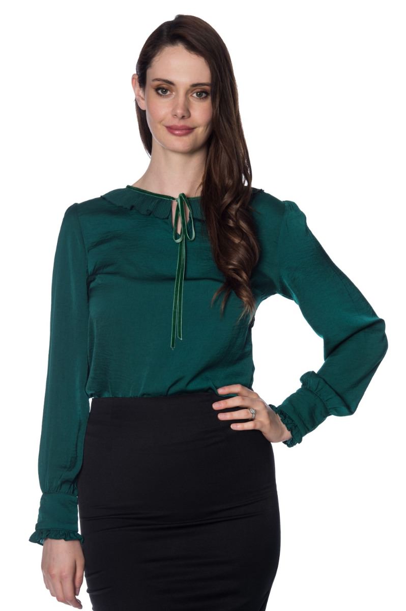Banned Retro 1950's Perfect Pleated Frill Collar Puff Sleeve Vintage Blouse Dark Green