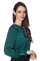 Banned Retro 1950's Perfect Pleated Frill Collar Puff Sleeve Vintage Blouse Dark Green