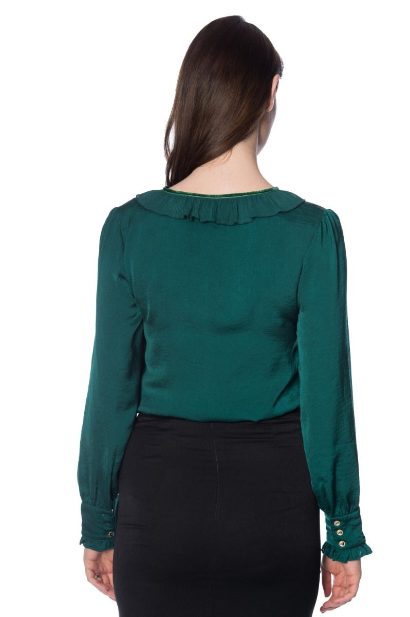 Banned Retro 1950's Perfect Pleated Frill Collar Puff Sleeve Vintage Blouse Dark Green