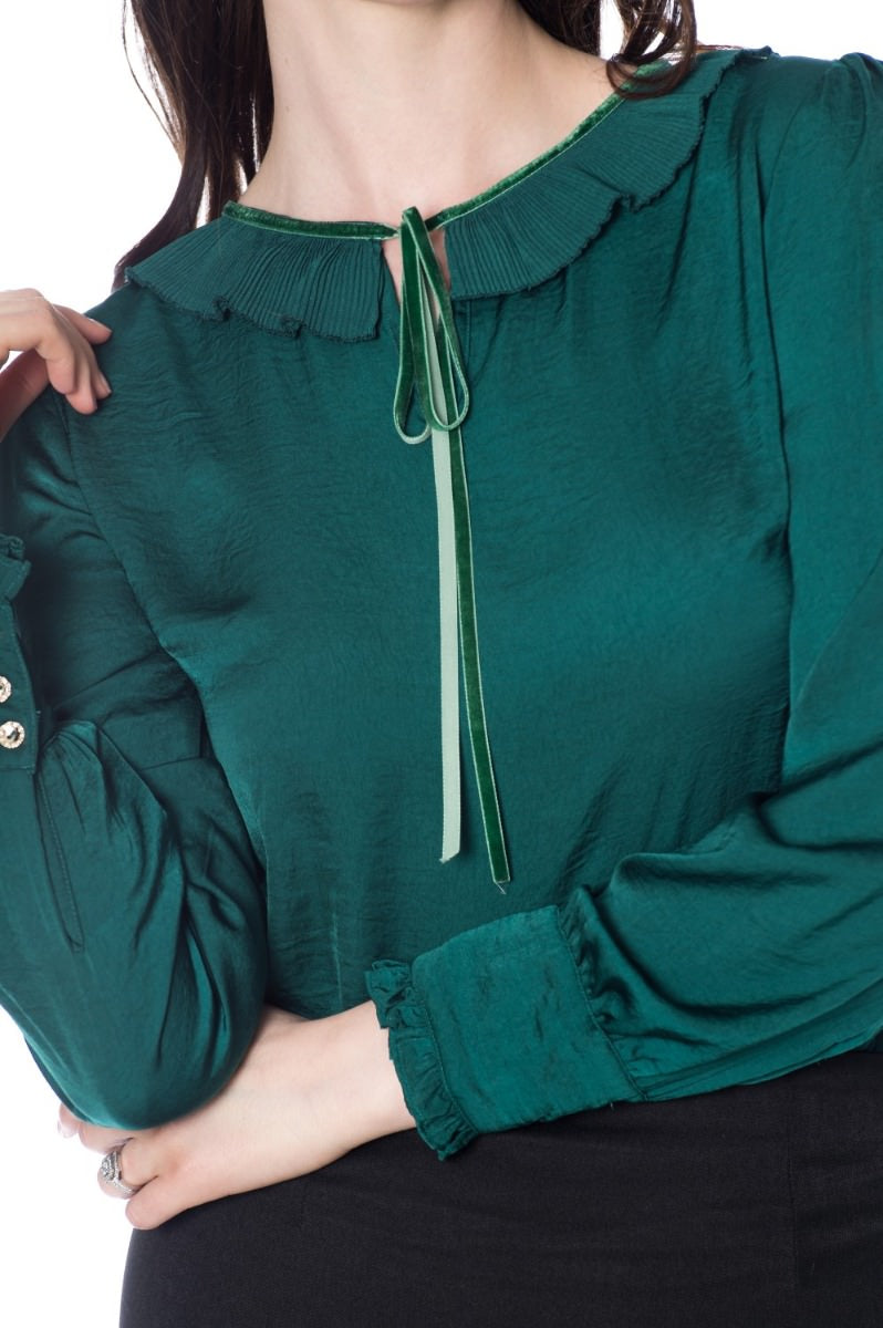 Banned Retro 1950's Perfect Pleated Frill Collar Puff Sleeve Vintage Blouse Dark Green
