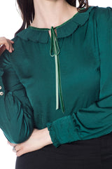 Banned Retro 1950's Perfect Pleated Frill Collar Puff Sleeve Vintage Blouse Dark Green