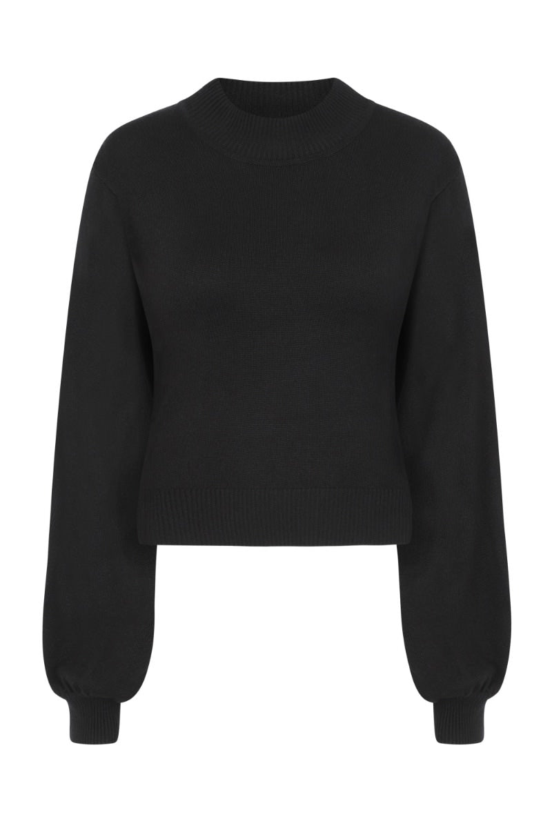 Banned Retro Balloon Sleeve Black Soft Knit High Neck Vintage Crop Top Black