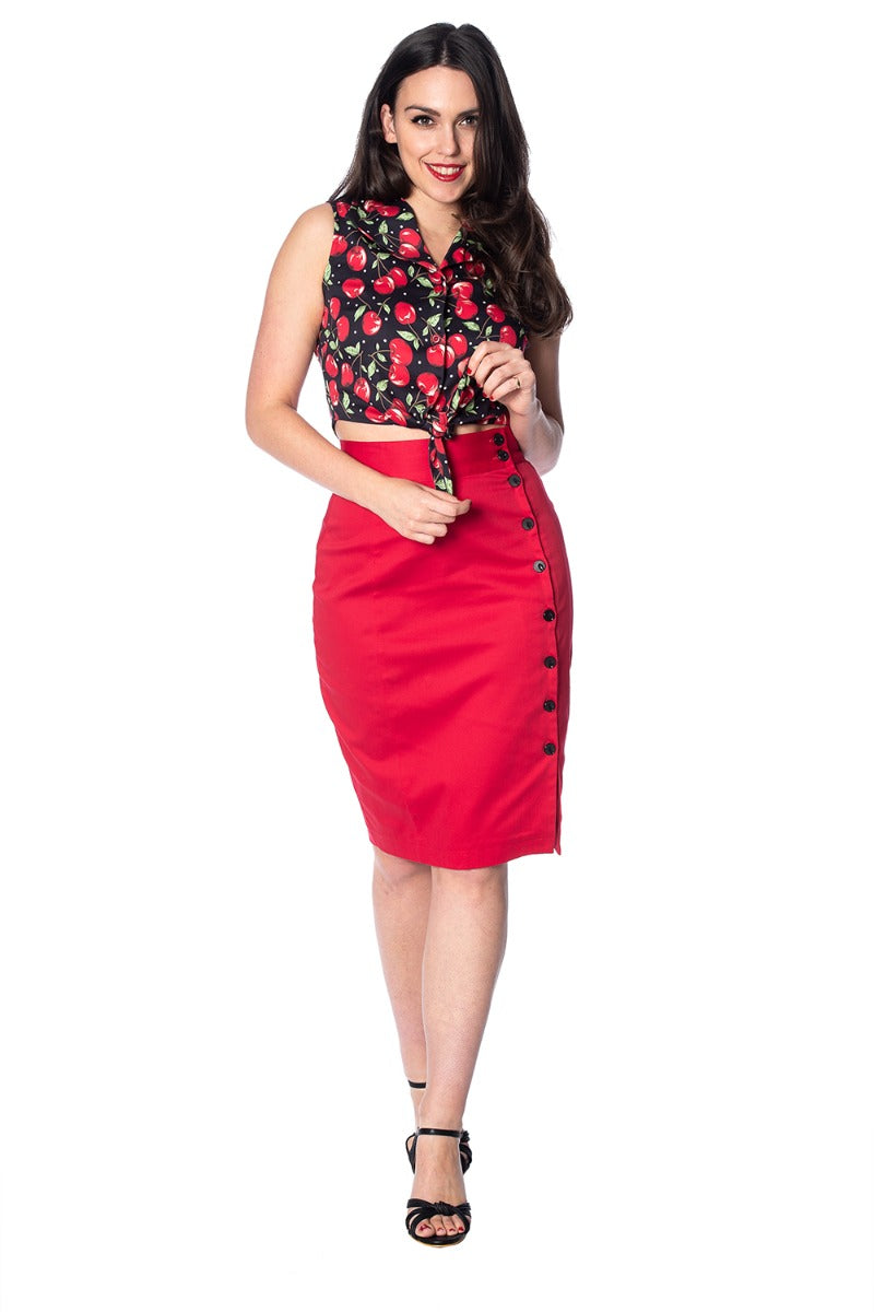 Banned Retro 1950's Cherry Soda Tie Up Crop Top Blouse Black