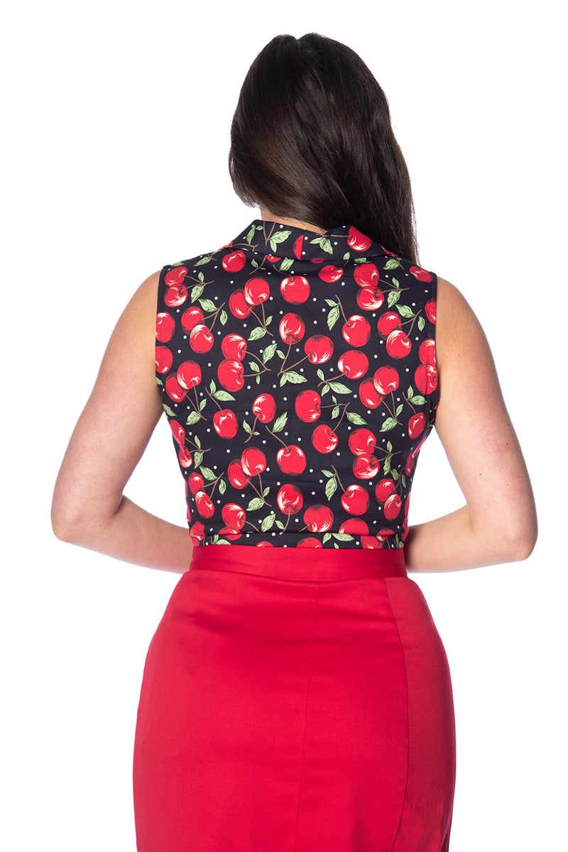 Banned Retro 1950's Cherry Soda Tie Up Crop Top Blouse Black
