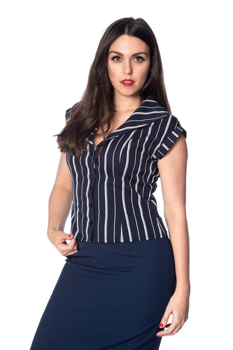 Banned Retro 1920's Deckchair Stripe Rita Blouse Navy