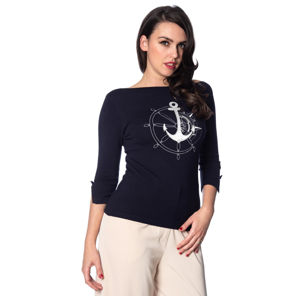 Banned Retro 1950's Anchors Away Knit Vintage Dorothy Nautical Top Navy