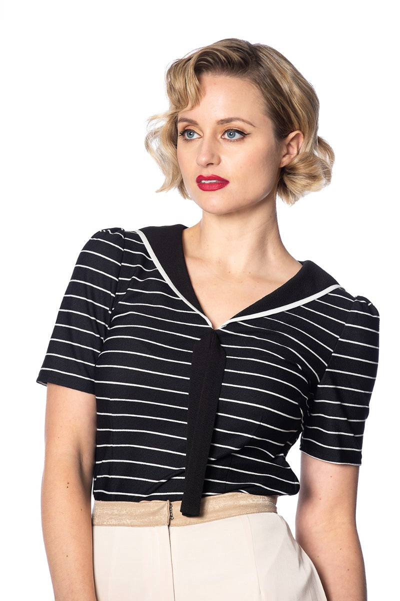 Banned Retro 1950's Pier Stripe Jersey Sailor Nautical Knit Top Black White