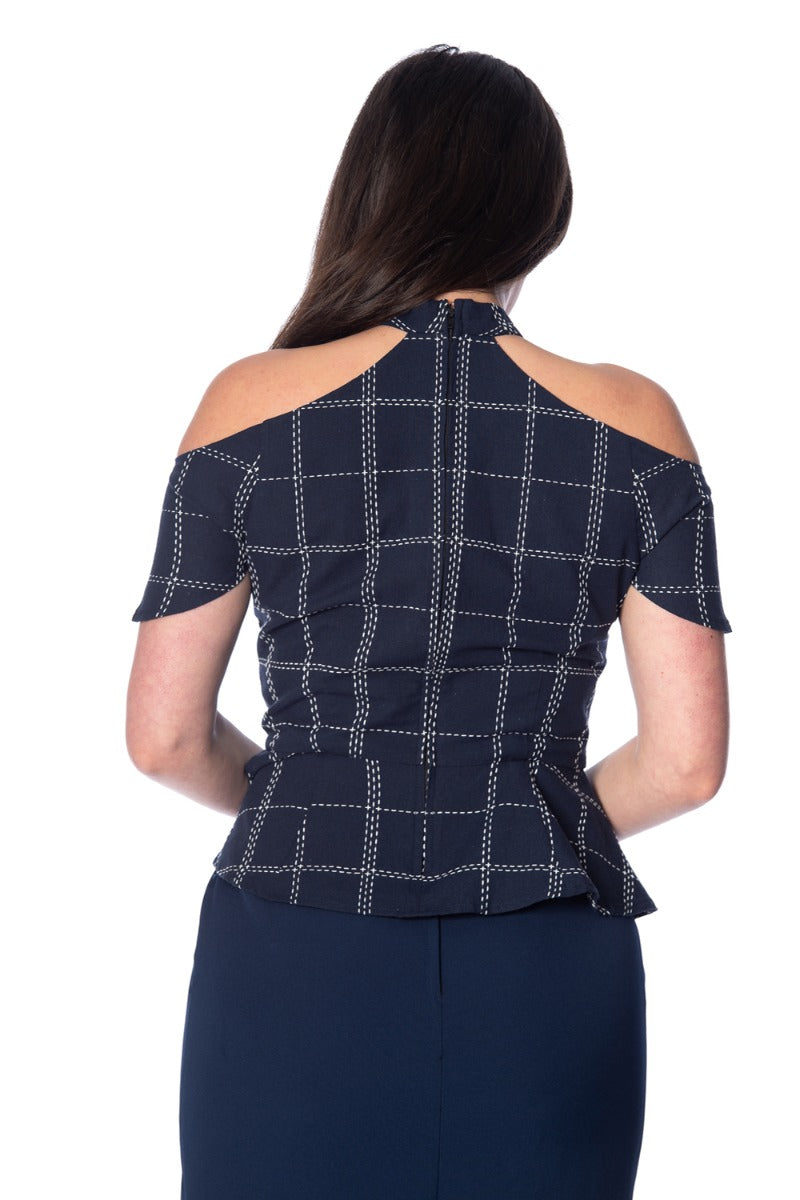 Banned Retro 1950's Chill Checks Peplum Keyhole Halter Neck Vintage Top Navy