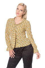 Banned Retro 1950's Ruffle My Feathers Dandelion Floral Frill Sleeve Blouse Mustard