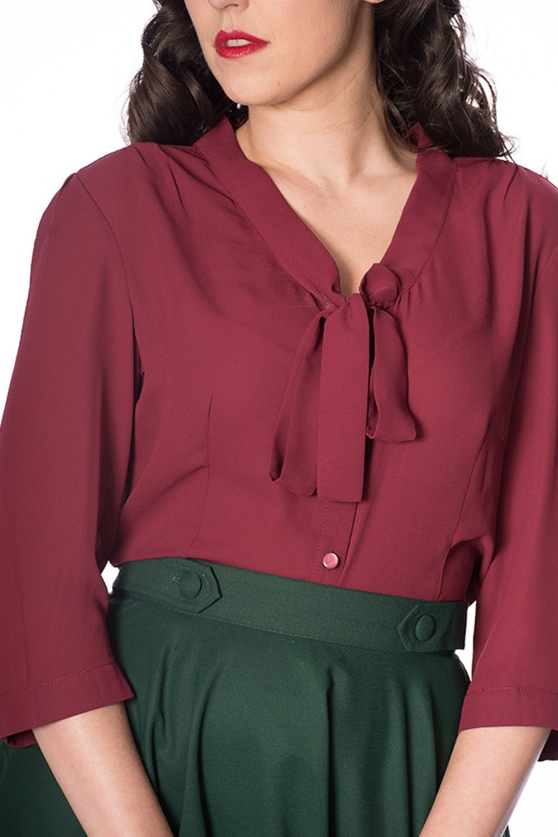 Banned Retro 1950's Perfect Pussy Bow Vintage Bell Sleeve Blouse Burgundy