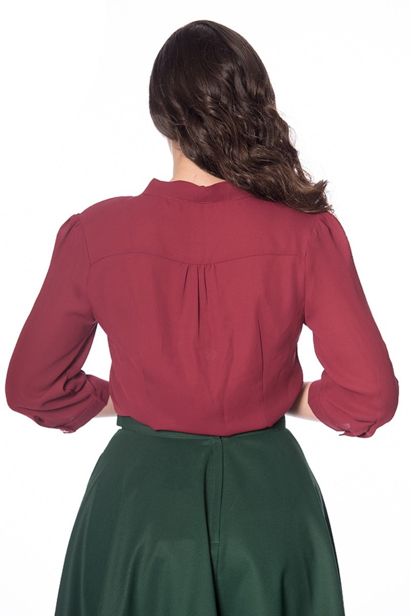 Banned Retro 1950's Perfect Pussy Bow Vintage Bell Sleeve Blouse Burgundy