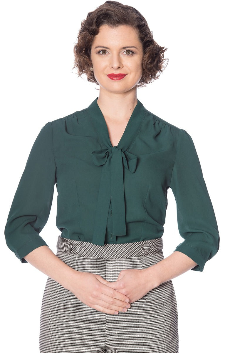 Banned Retro 1950's Perfect Pussy Bow Vintage Bell Sleeve Blouse Green