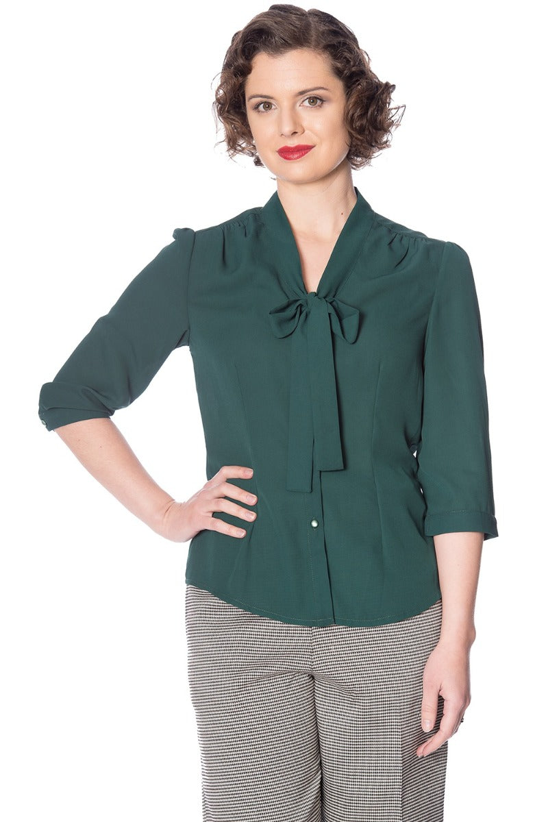 Banned Retro 1950's Perfect Pussy Bow Vintage Bell Sleeve Blouse Green