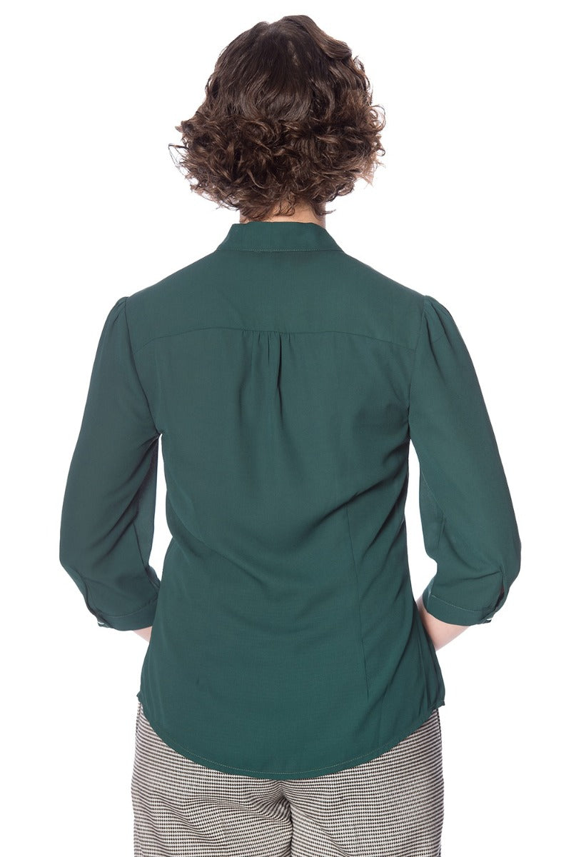 Banned Retro 1950's Perfect Pussy Bow Vintage Bell Sleeve Blouse Green