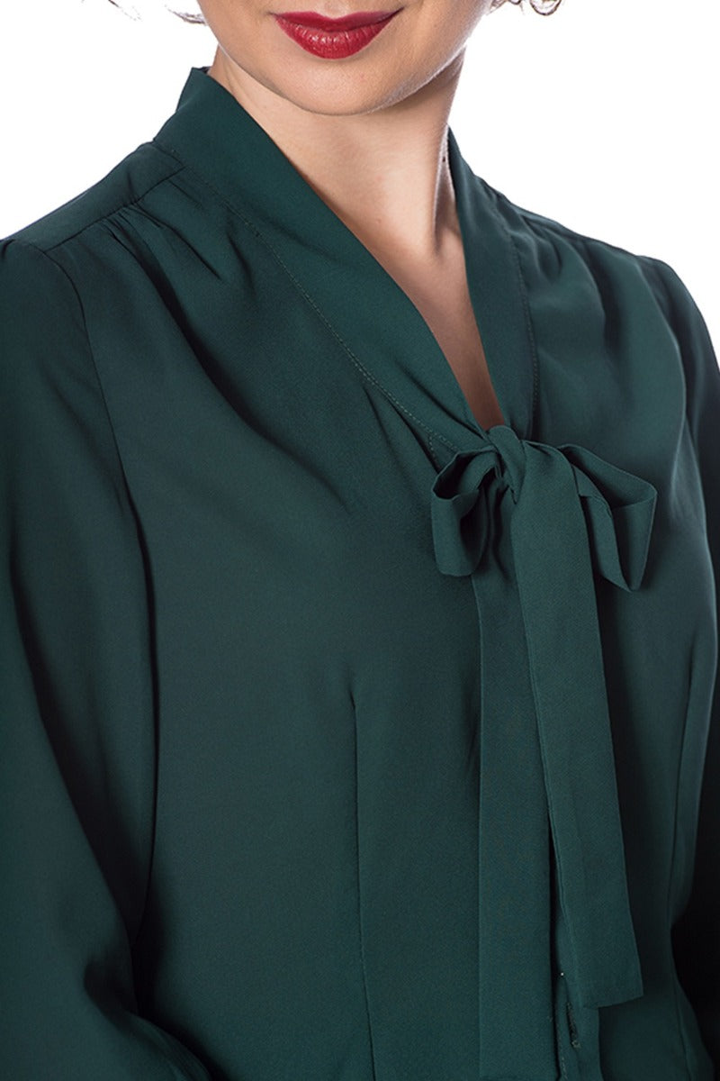 Banned Retro 1950's Perfect Pussy Bow Vintage Bell Sleeve Blouse Green